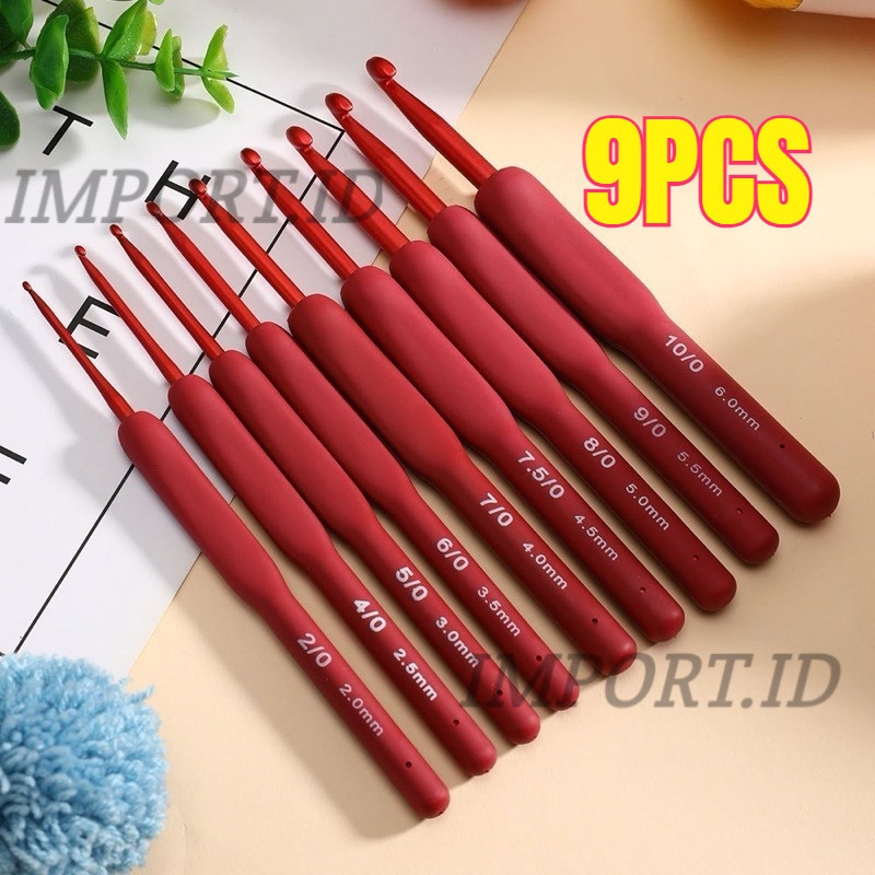 1 Set Hakpen Rajut Tulip Jarum Crochet Set 9pcs/set Hakpen Red Non Tulip Soft Handle Karet Crochet H