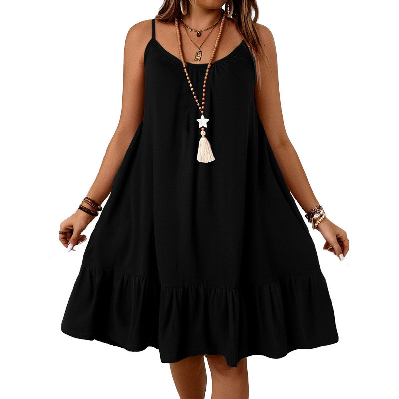 [ Cute Hot Label] Pakaian wanita ukuran besar Amazon AliExpress berdiri sling warna murni gaun
