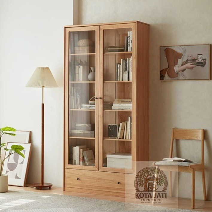 Lemari Pajangan Kayu Jati Minimalis Modern — Rak Display Kaca 2 Pintu + Laci Ruang Tamu