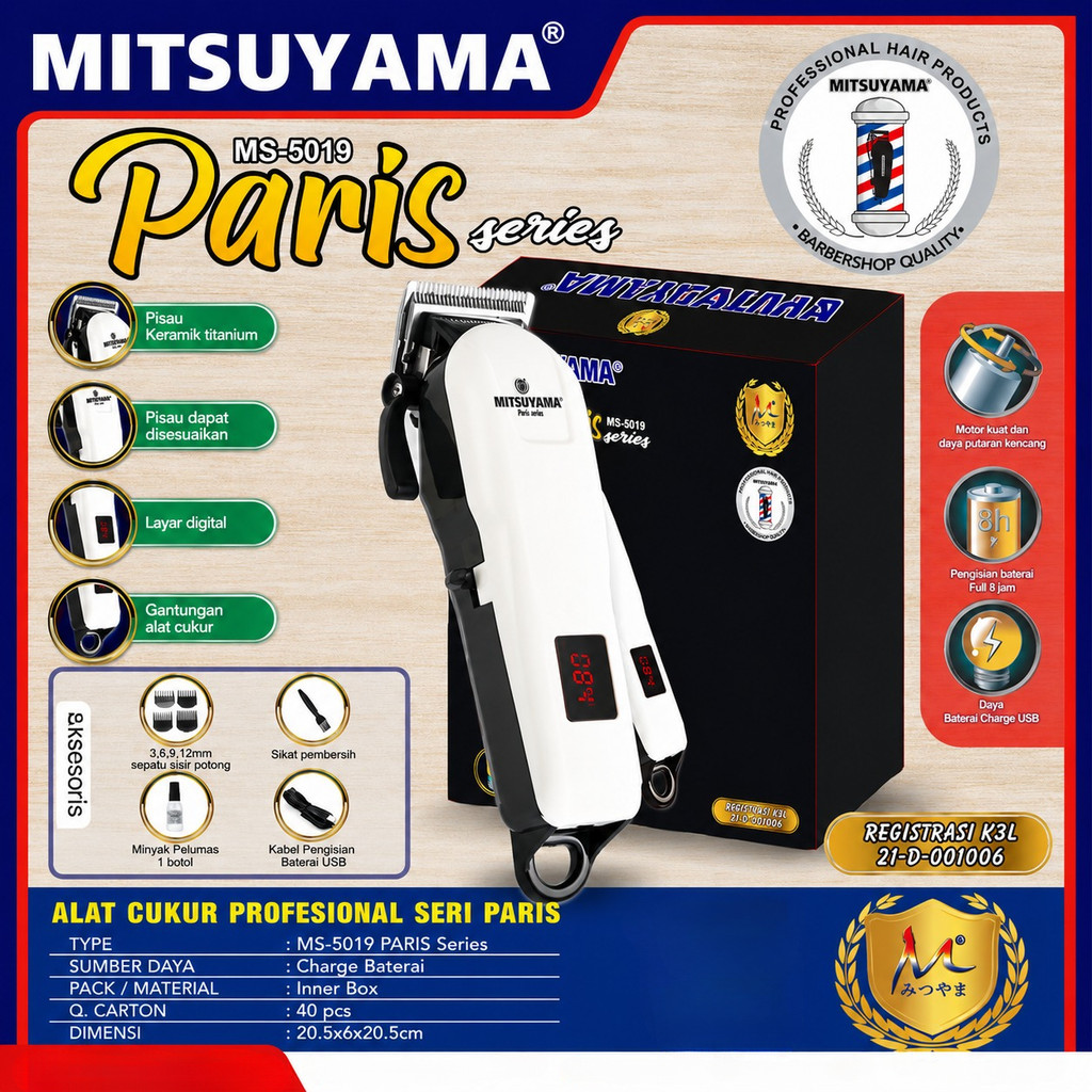Alat Potong Rambut Seri Paris MS5019 Mitsuyama/Alat Cukur Rambut Elektrik Lengkap/Pemangkas Rambut