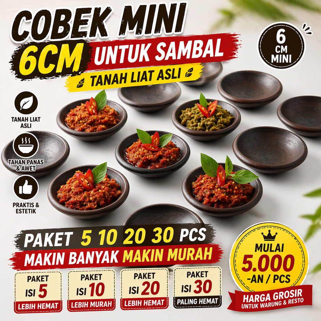 Cobek Mini 6cm Tanah Liat Asli - Cowek Sambal Kecil Gerabah (Paket isi 5 10 20 50 pcs Grosir Warung 