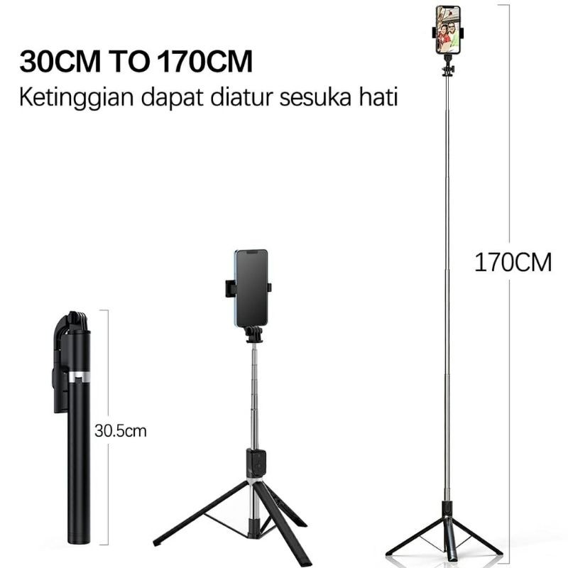 tongsis tripod 3in1, bluetooth, selfie, tripod, panjang max 170cm, HP dan kamera, 1.7m