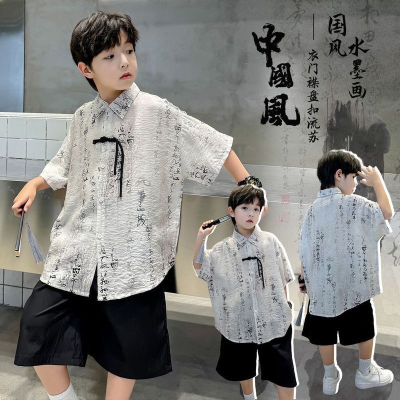 Pakaian Tradisional Anak Laki-Laki Gaya Cina Hanfu Kemeja Lengan Pendek Hanfu