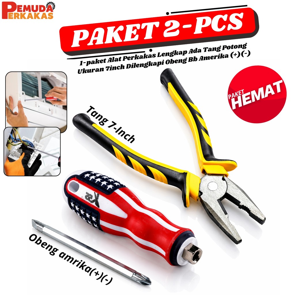 Paket Obeng Plus Tang / Paket Obeng + Tang Kombinasi 7 Inch Set Lengkap | Kuat & Tahan Lama