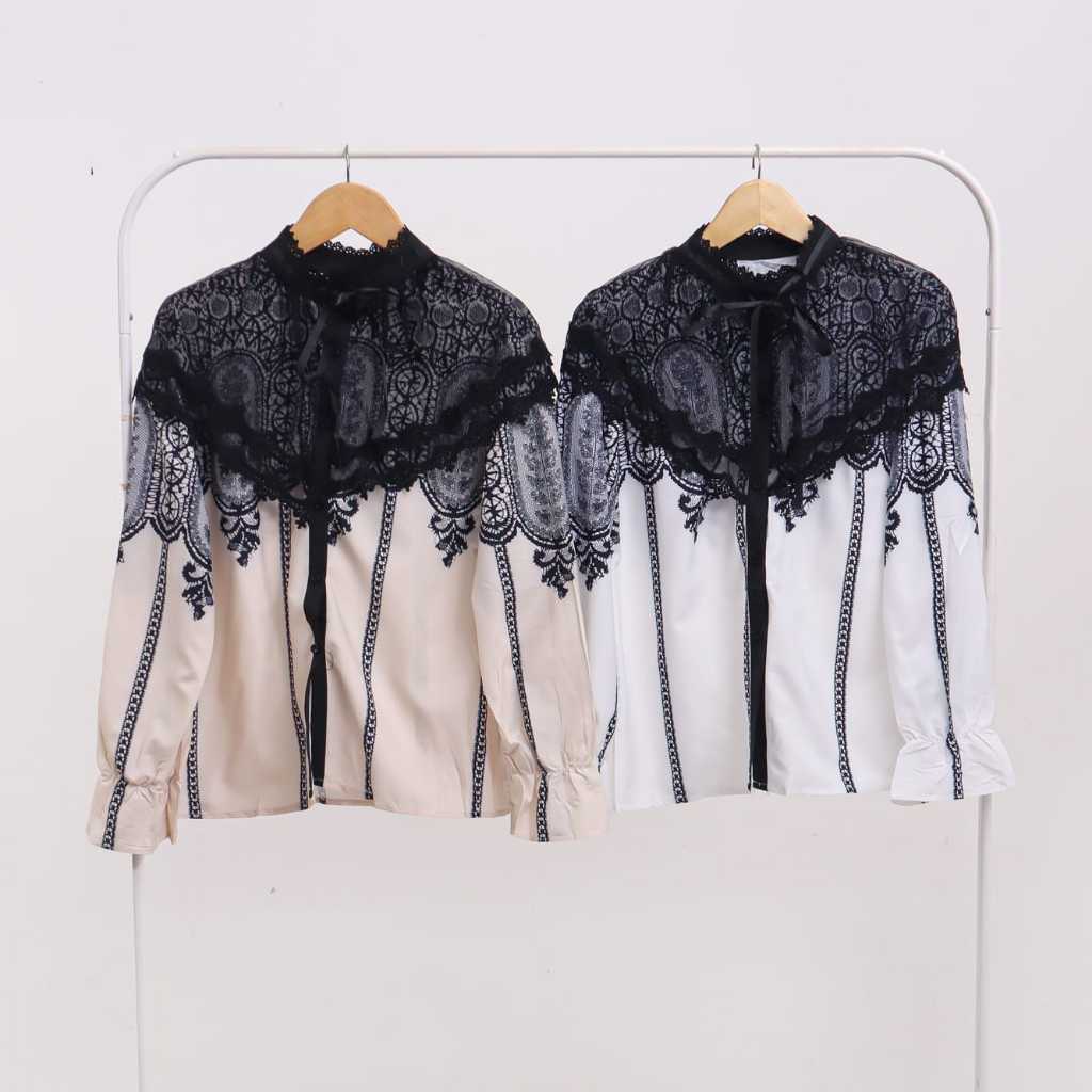 PREMIUM - Blouse Wanita Muslim Elegan Lengan Panjang Ice Silk Crepe Lace Atasan Formal Casual Modis