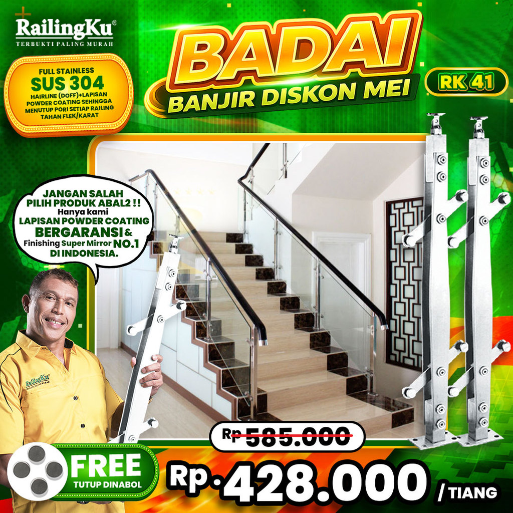 Railing Tangga Stainless Plate Minimalis Railingku [BADAI] RK 41 Railing Anti Karat Free Penutup Dyn