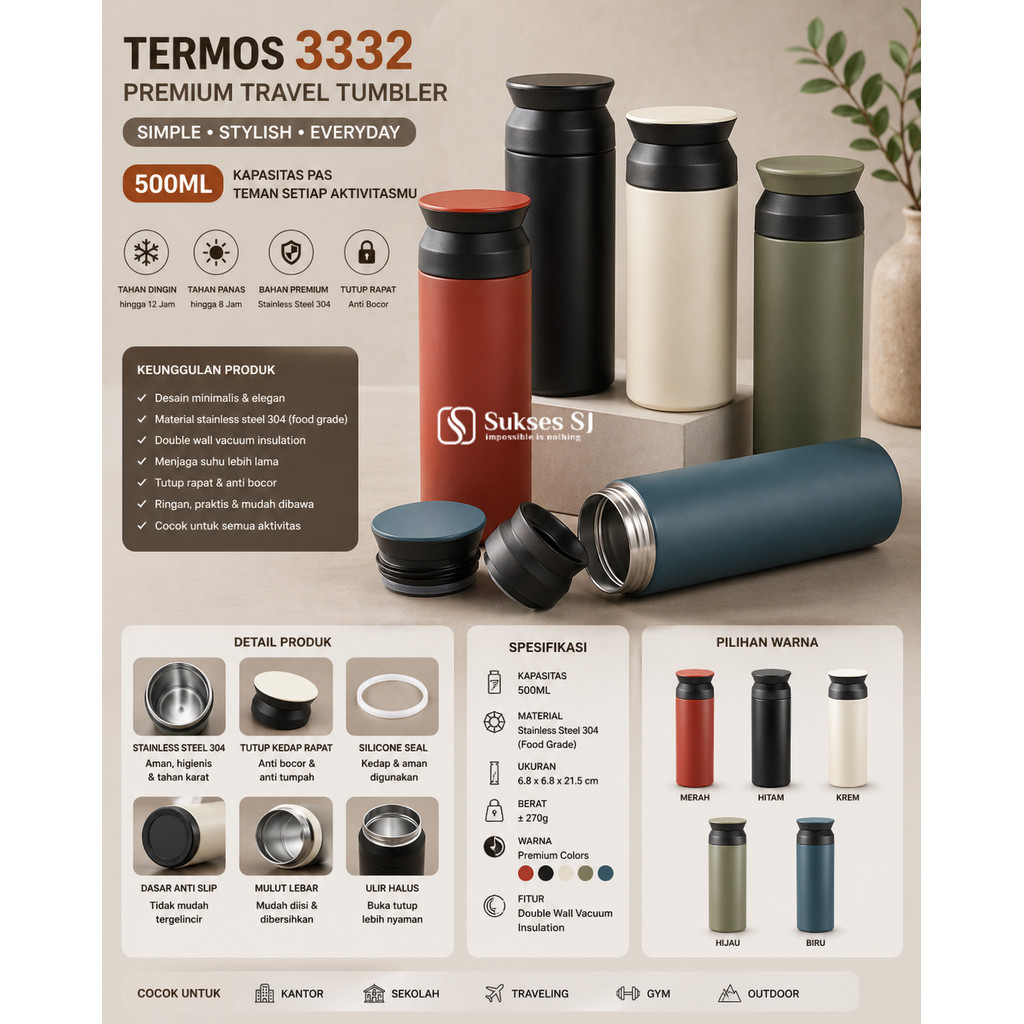 ( SR ) Tumbler 333-2 Stainless + Filter | Botol Minum Elegan Anti Panas & Bocor
