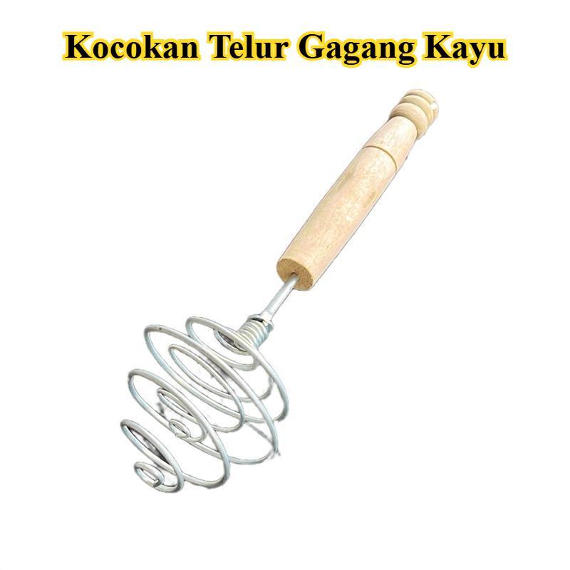 Kocokan Telur Gagang Kayu Mixer Spiral Manual Whisk - Pengocok Adonan Kue Stainless Steel Alat Penga