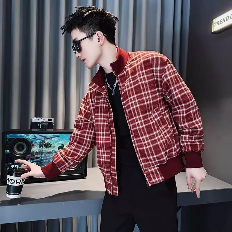 Kemeja jaket kotak-kotak pria, pakaian luar yang longgar dan serbaguna.