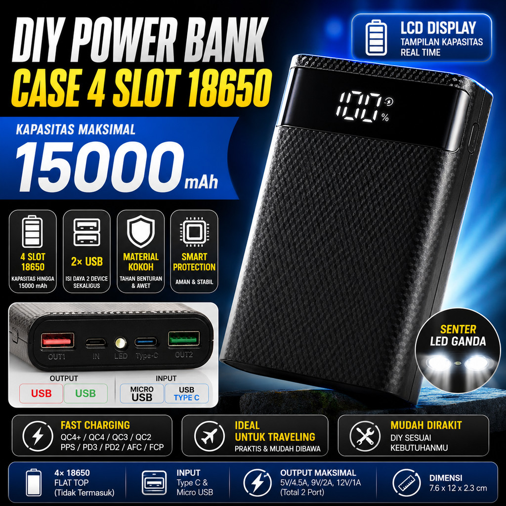 DIY Power Bank Rakitan Case 4 Slot 18650 LCD Display Dual USB Fast Charging QC4+ PD3 PPS Kapasitas H