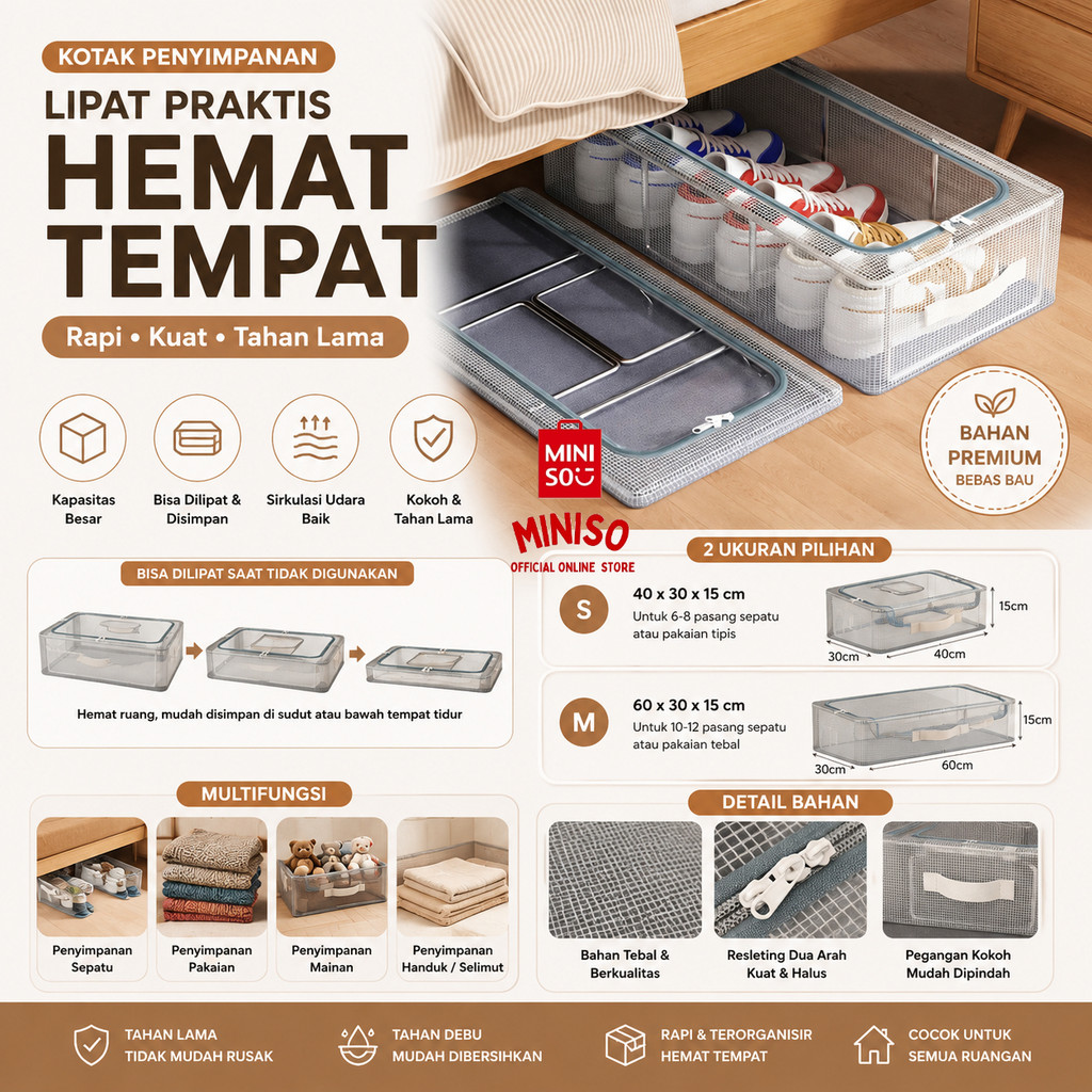 MINISO BALI | Kotak Sepatu Lipat Transparan PVC Tebal Foldable Shoes Storage Box Organizer Tempat Pe