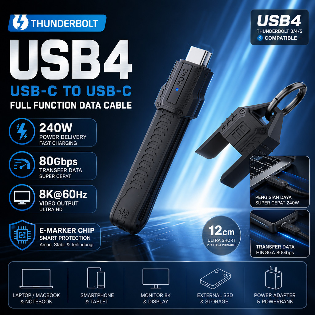 Kabel Usb Type C To Type C Thunderbolt 4 5 Usb 4 80gbps 240w 8k 60hz Murah Bagus Awet Kuat Bahan Tpe