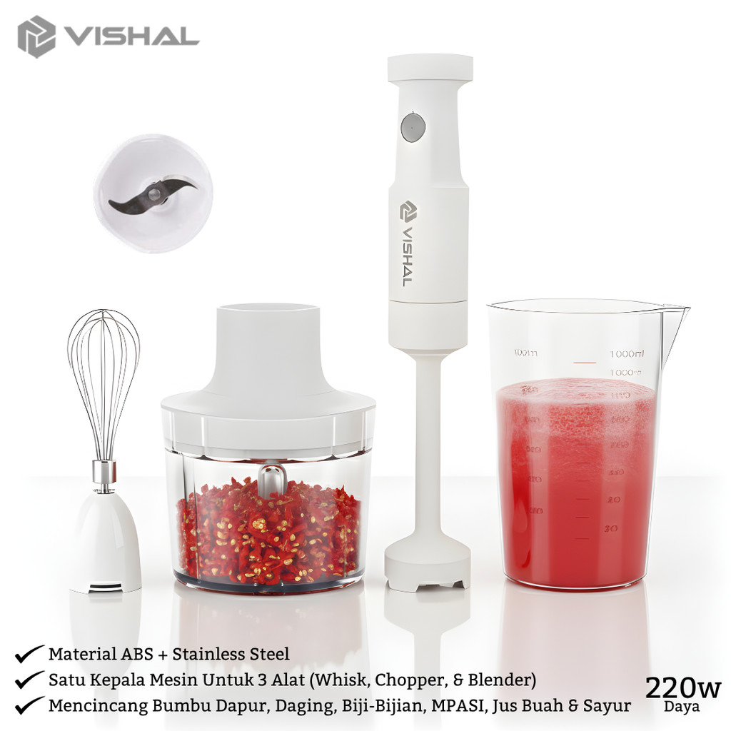 VISHAL Hand Blender 4in1 Multifungsi 220W Stainless Steel, Blender Tangan Kuat untuk Menghaluskan & 