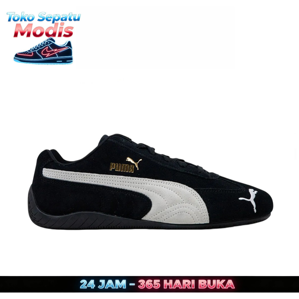 Sepatu Puma Speedcat dan Sneakers asli, Sepatu kets autentik warna hitam putih emas