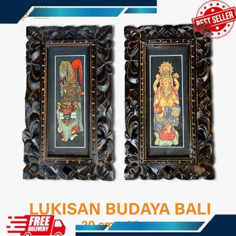 Lukisan Tradisi Bali 20 x35 cm - Lukisan Bingkai Bali - Bingkai Kayu Bali - Lukisan Bali - Lukisan A
