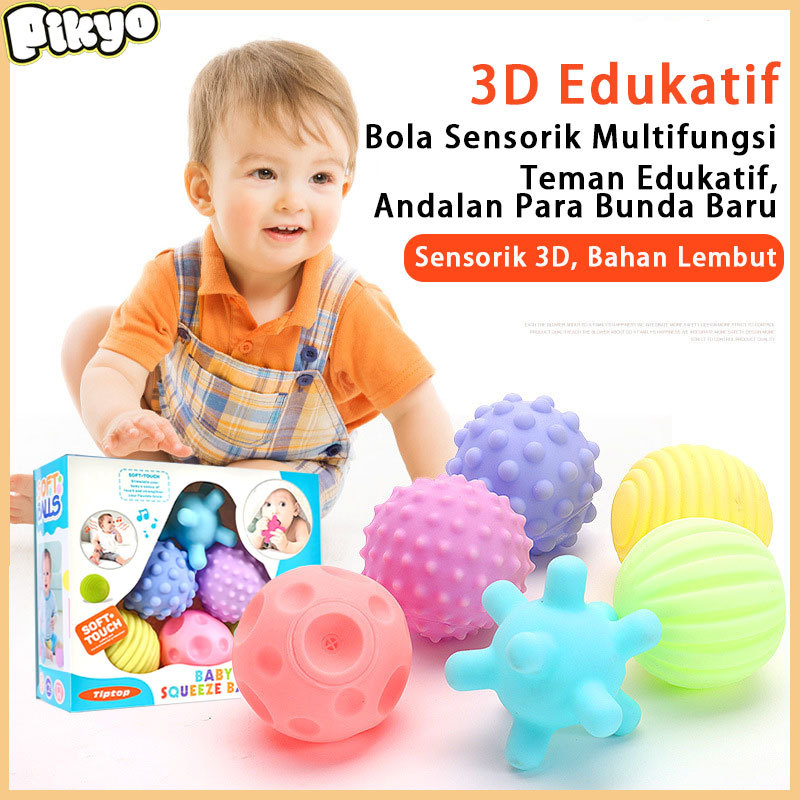 Pikyo 6 PCS Mainan Bayi Rattle Set Aneka Bentuk Bola Sensorik Motorik, Bola Gigit Lembut Untuk Mandi