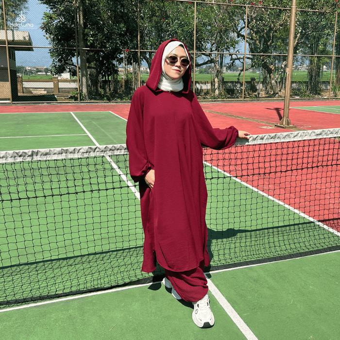 Zida Luna Mecca Set Hoodie Sporty & Celana Sirwal Panjang Bahan Crinkle Premium Hitam Setelan Olahra