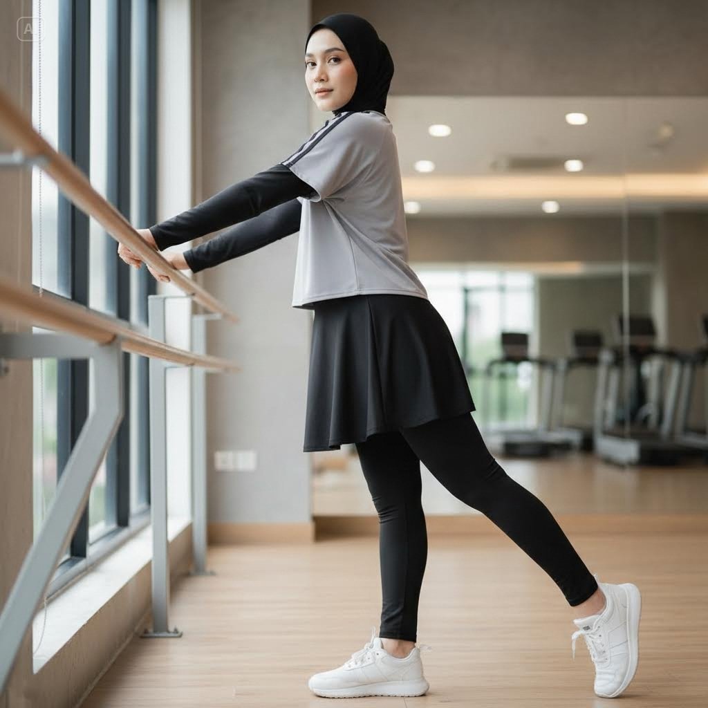Baju Olahraga Wanita Muslim Setelan Leging Rok Skirt Sport Badminton Senam Aerobic