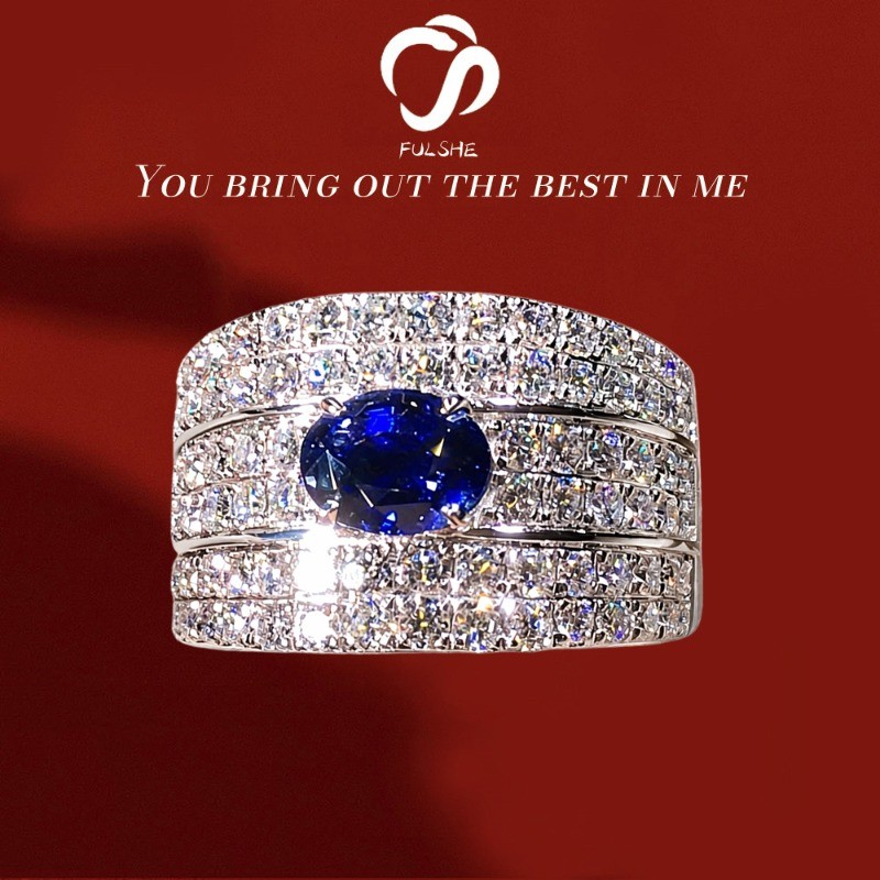 FULSHE Cincin Zirkonium Berkilau Asli Platinum Wanita Mewah Berlian Tiga Baris Kristal Biru