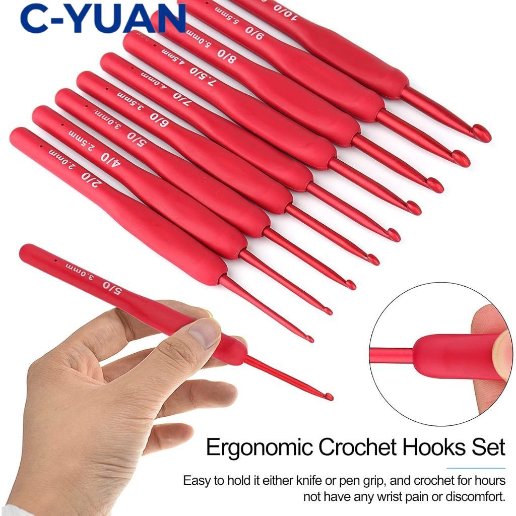 9pcs/set Hakpen Red Non Tulip / Jarum Rajut Hakpen Handle Karet Crochet Set Red / Jarum Rajut Hakpen