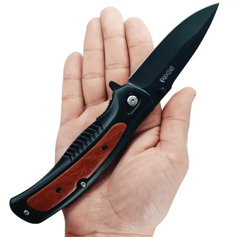Pisau Lipat Outdoor Pegangan Motif Kayu Knife Stainless Pocket Premium SOG