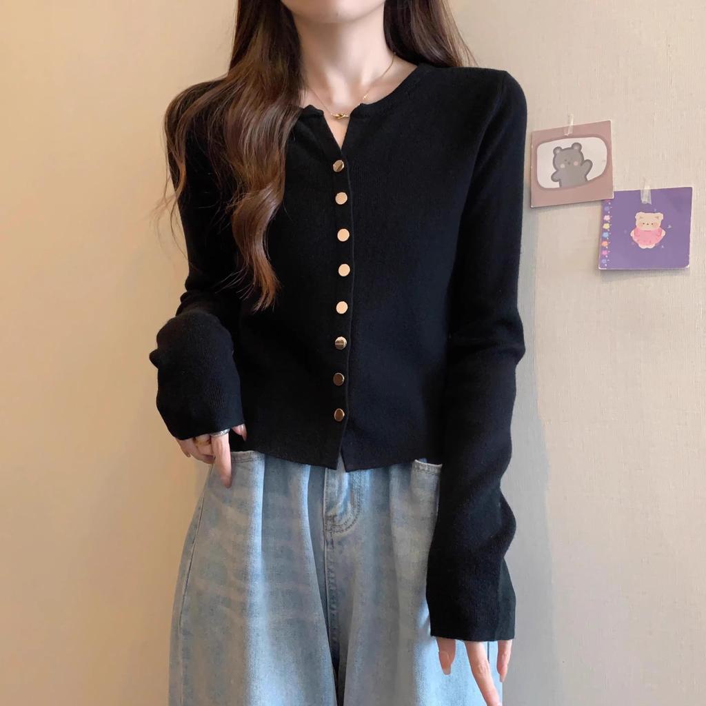Atasan kardigan rajutan lengan panjang berwarna hitam/kaos rib knit premium