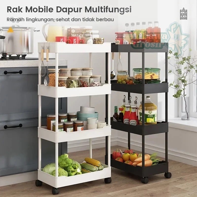 Rak troli plastik 4 tingkat rak dapur serbaguna dengan roda Rak Bumbu Rak Susun Kosmetik kokoh