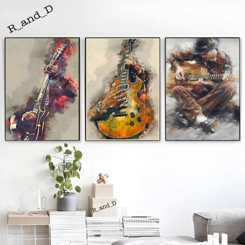 Hiasan dinding kamar gambar gitar ukuran 47x31 bingkai kayu, Dekorasi dinding studio musik ukuran A3
