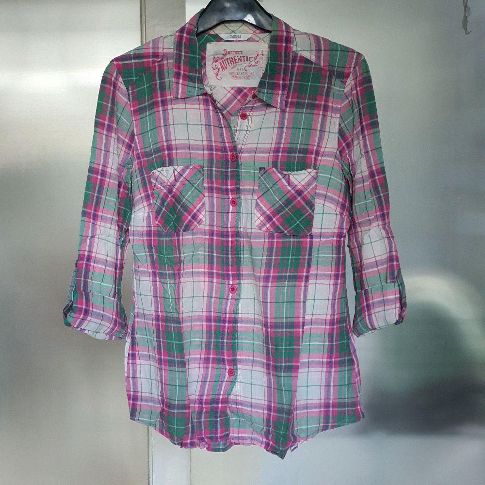 K baju wanita atasan kemeja marks spencer m&s motif kotak pink hijau preloved Kancing Panjang Katun 