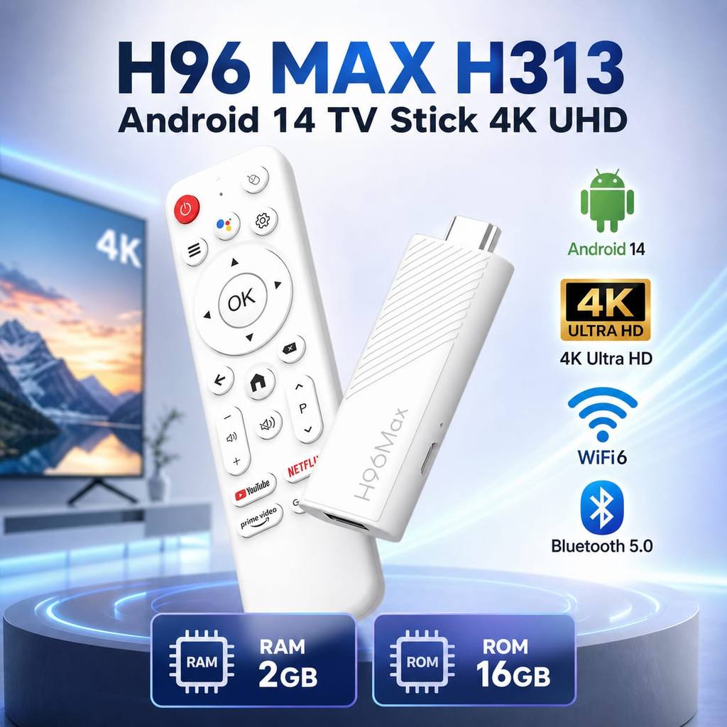 GROSIRUNIK99 H96 MAX H313 2GB 16GB Android 14 Tv Stick 4K UHD WiFi 6 Bluetooth 5.0 Voice Control Str