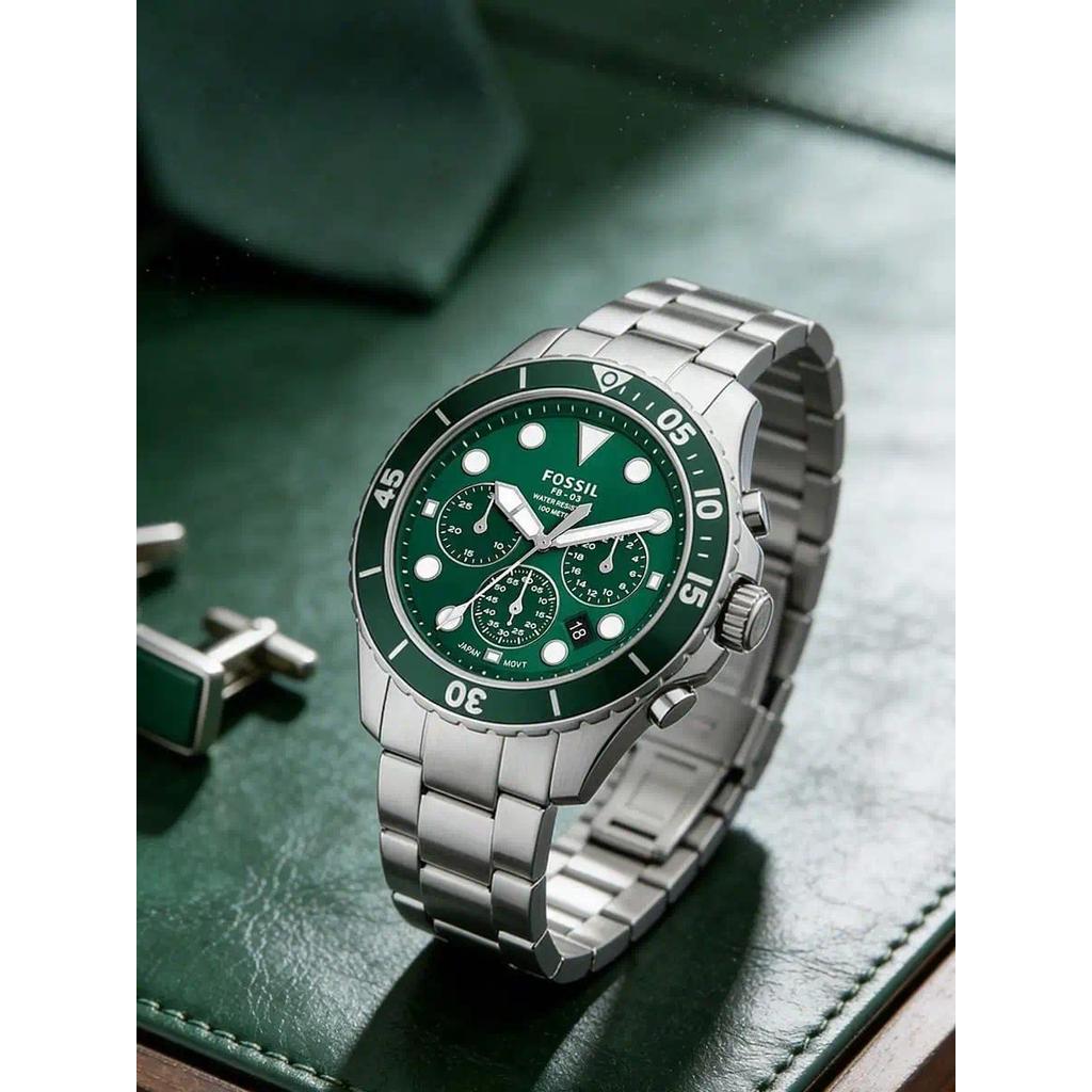 Jam Tangan Pria Fossil FB-03 FS5726 Men's Chronograph Quartz Watch Stainless Steel Green Dial 10ATM 
