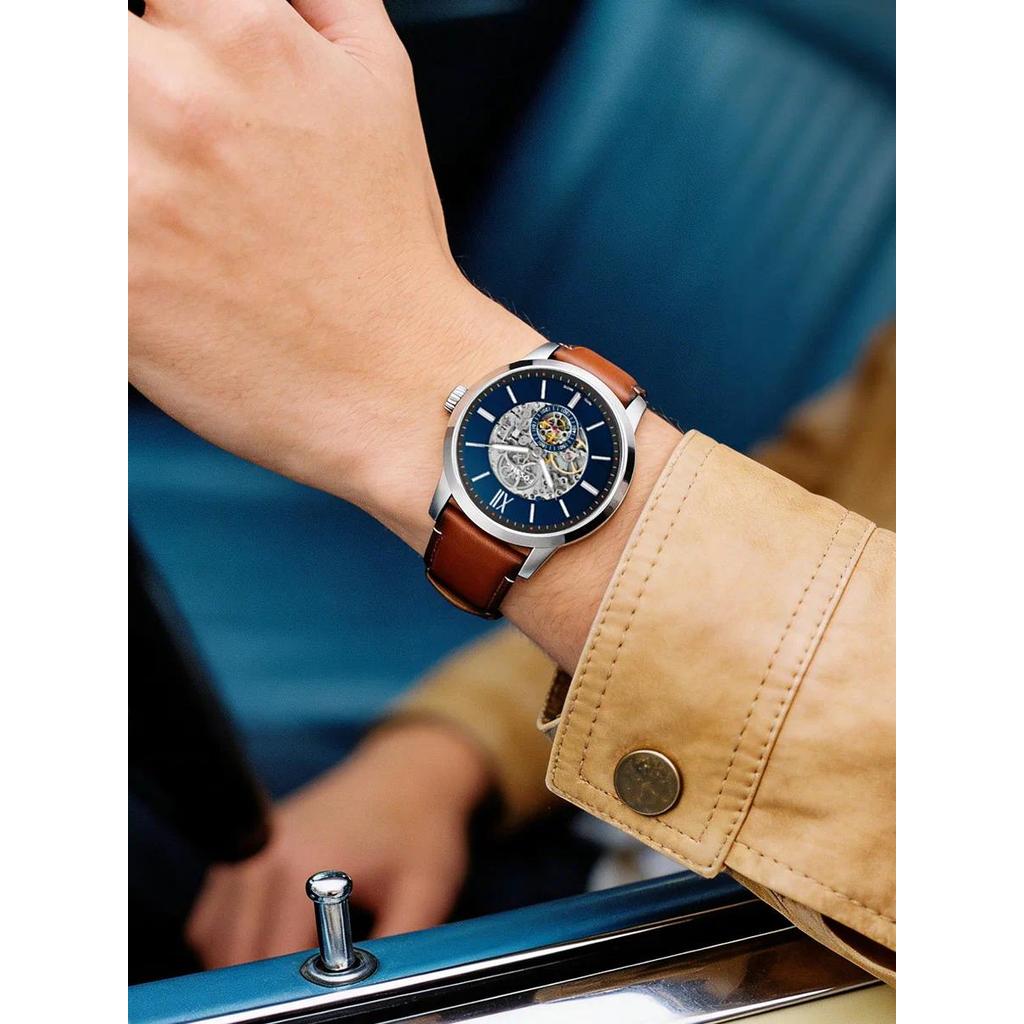 Jam Tangan Pria Fossil Men's Automatic Mechanical Watch Skeleton Dial Visible Movement Leather Strap