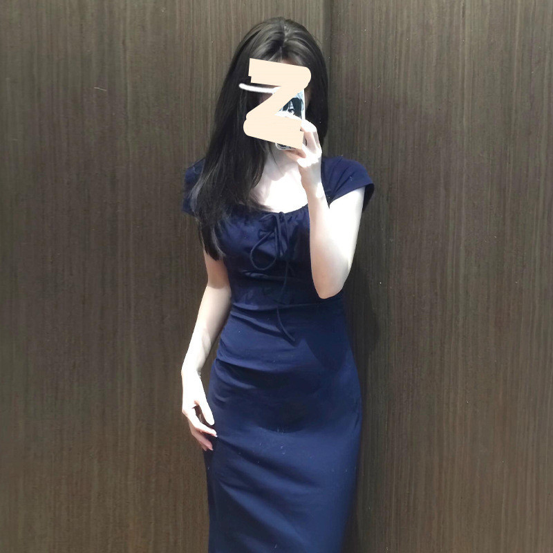 [COD]Gaun lengan pendek model ikat leher persegi warna biru dongker