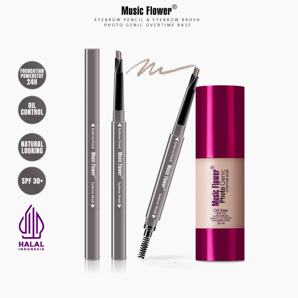 [BUNDLE] MUSIC FLOWER Paket Natural Glow Make Up Set Photogenic Foundation + Eyebrow Pencil Brush