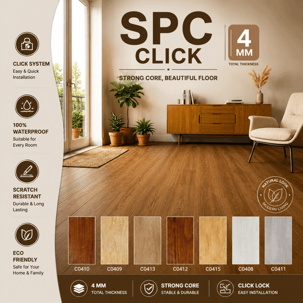 SPC Lantai Tebal 4 mm Click NONSTICKER Rona Tanpa Lem Terpisah LVT Tahan Goresan Minor Dryback 2mm A