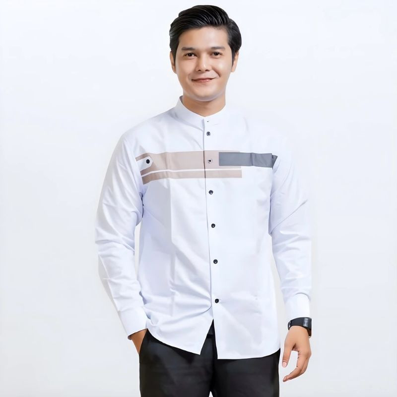 Baju Koko Pria Hadroh Kombinasi Motif Yordan Lengan Panjang Warna Putih M L XL XXL