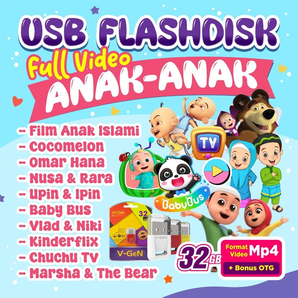 Flashdisk Anak 32GB Paket Edukasi KINDERFLIX INDONESIA , Lagu Anak & Murottal Al-Quran - USB Pintar 