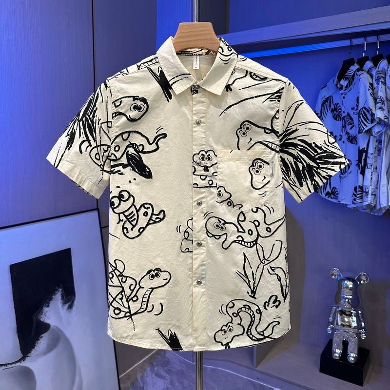 Kemeja pria lengan pendek motif kartun, pakaian kasual pria yang longgar