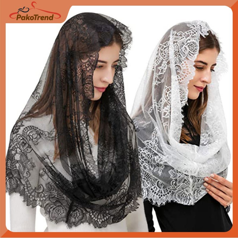 Kerudung Doa Katolik Mantilla Pasmina Lace Brokat Renda Hitam Putih Bulat Untuk Misa Gereja Elegan M