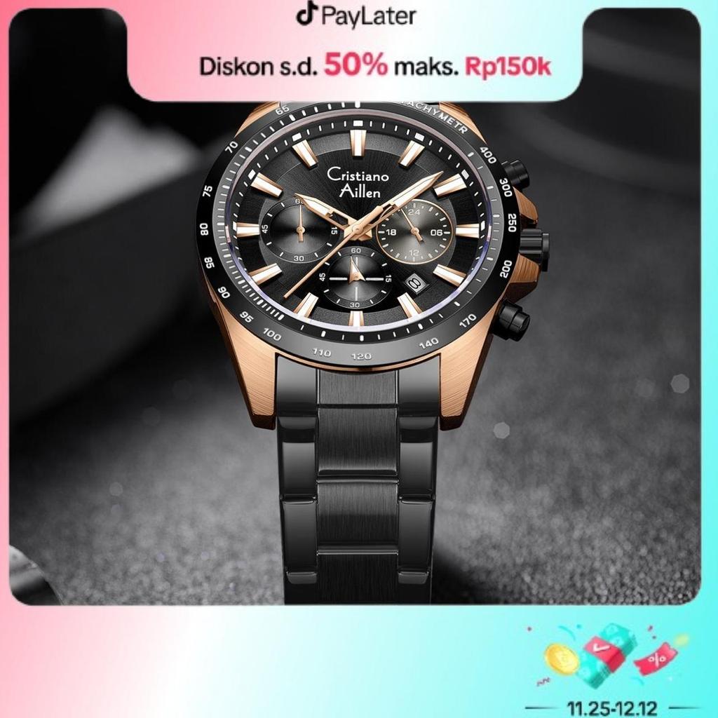 BUY 1 GET 1 Cristiano Aillen Jam Tangan Pria Analog 8891 Rantai Stainless Steel Chronograph Kaca Sap