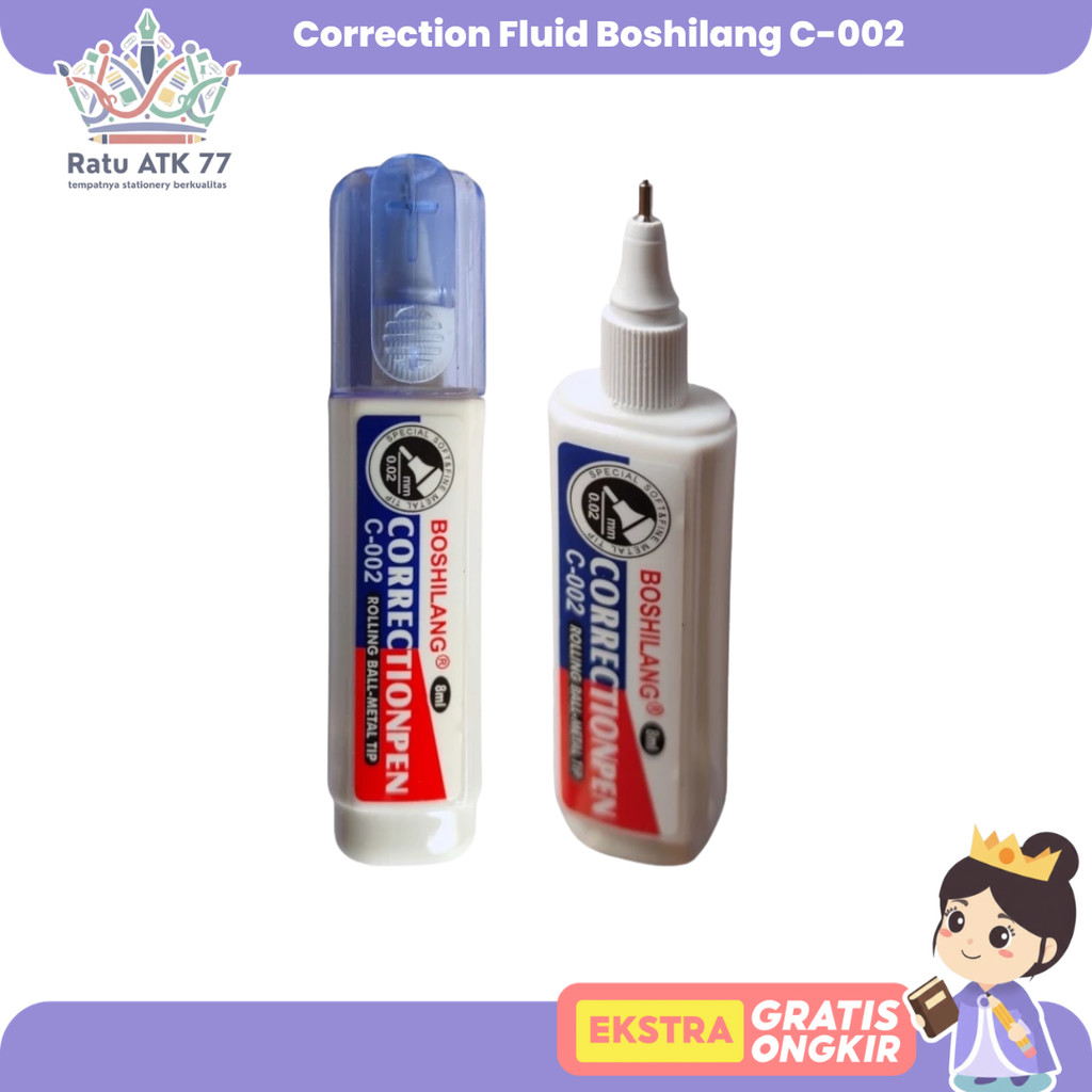 Correction Fluid Boshilang C-002 Metal Tip 8 ML / Tip Ex Cair Boshilang 8 ML Multi Purpose & Quick D