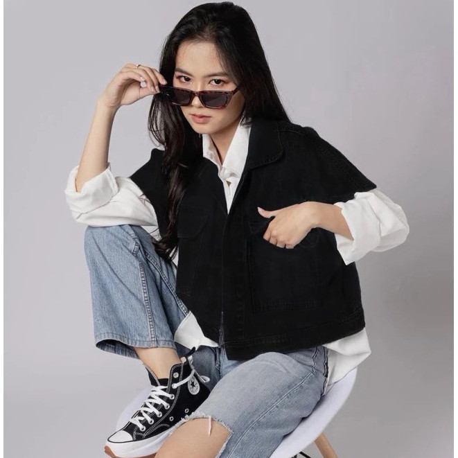 CASSANDRA JACKET ROMPI OVERSIZE / ALINA VEST JEANS BIGSIZE WANITA VEST JEANS POCKET JUMBO / JAKET RO