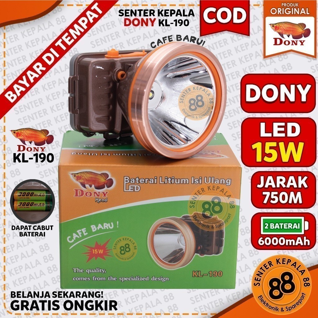 DONY Senter Kepala Dony Bisa Cabut Baterai KL 190 Cafe Baru Cas LED Terang 15 WATT
