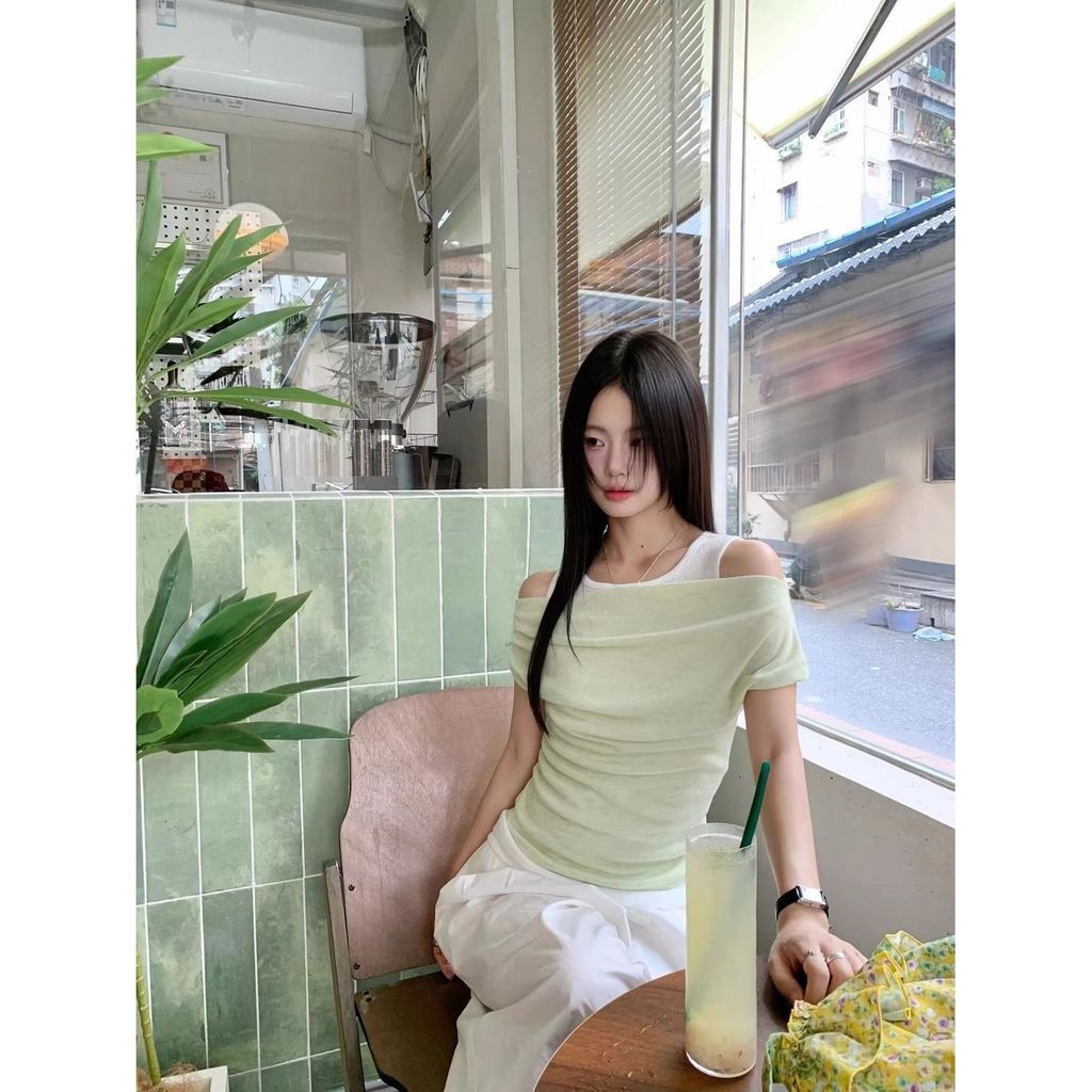 MYCASSI Atasan Wanita Off Shoulder Layered Top Korean Style Baju Atasan Wanita Terbaru