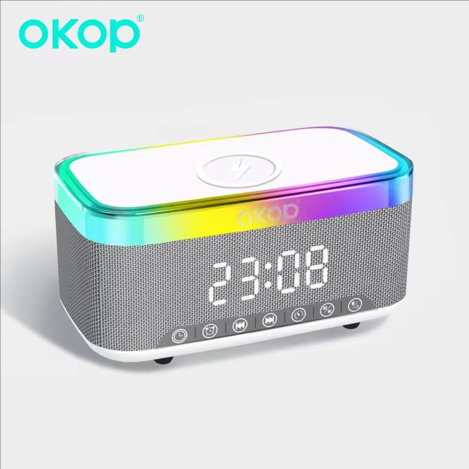 OKOP Bluetooth Speaker 15W Power Wireless Charging,Clock Alarm Clock RGB Ambient Light White Noise D