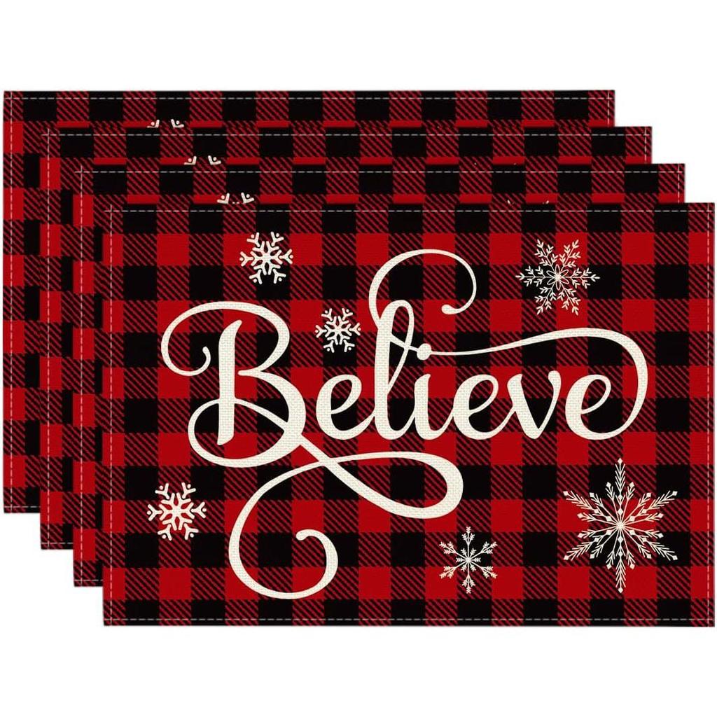 Mode Christmas Believe Check Plaid Placemat for ning Table 12 x 18 Inch Winter Holiday Rustic Washab