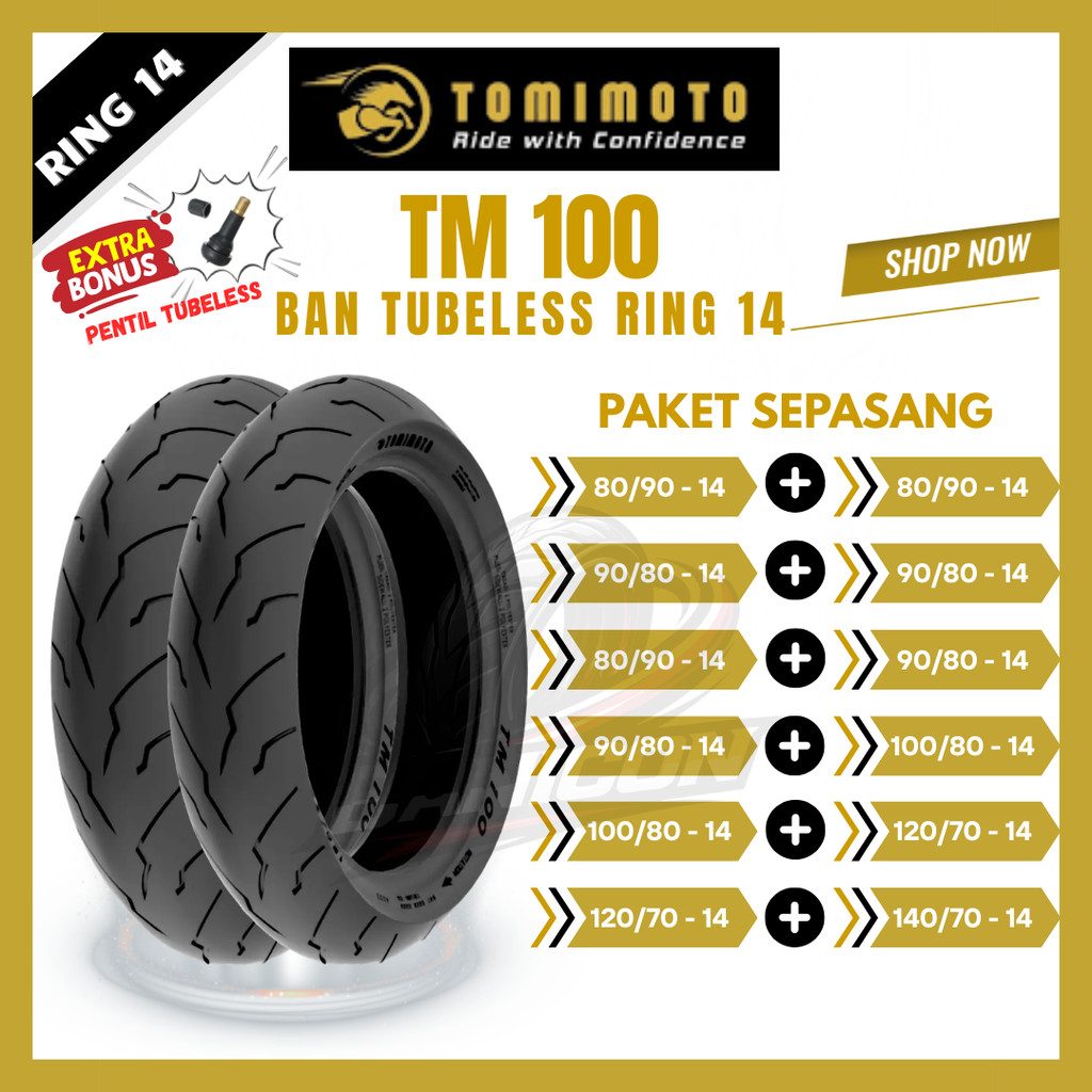 [PAKET SEPASANG] Tomimoto TM 100 Ring 14 80/90-14 90/80-14 100/80-14 120/80-14 140/80-14 Ban Tubeles