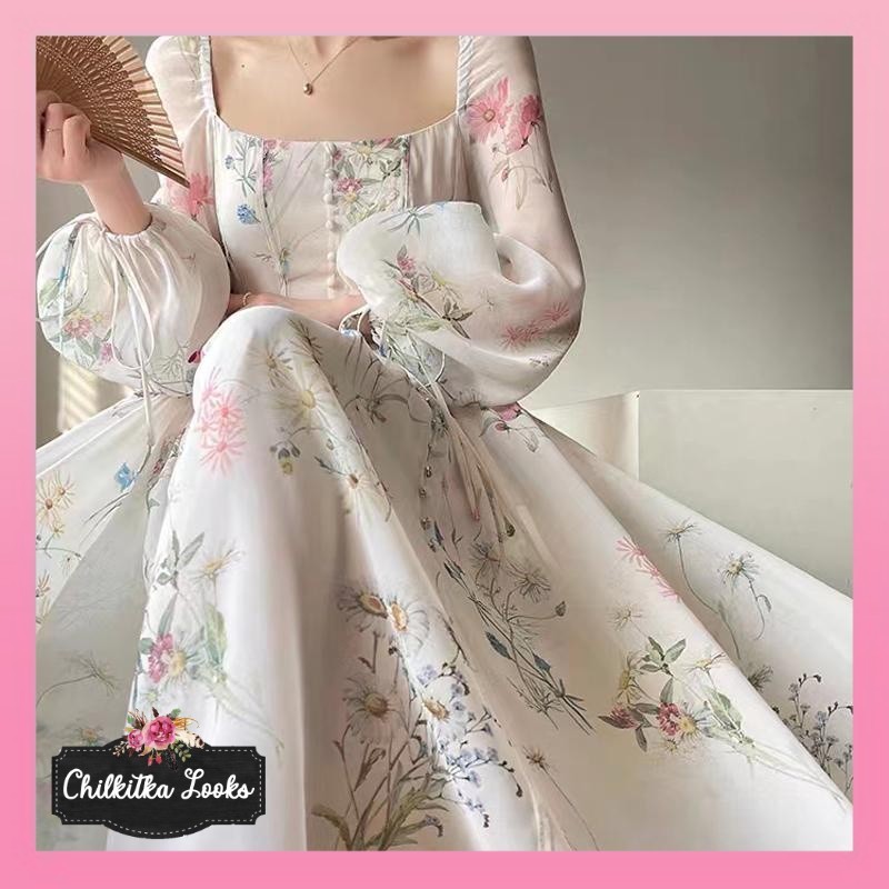 CHILKITKA LOOKS LOVELY FASHION KOREA WANITA Putih Dress Floral Wanita | Floral Dress Putih Kondangan