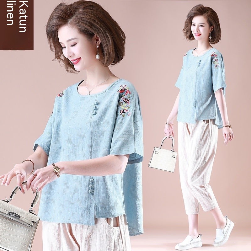 Blus Katun Setelan Musim Panas Ibu Blus Katun Kemeja Wanita Paruh Baya