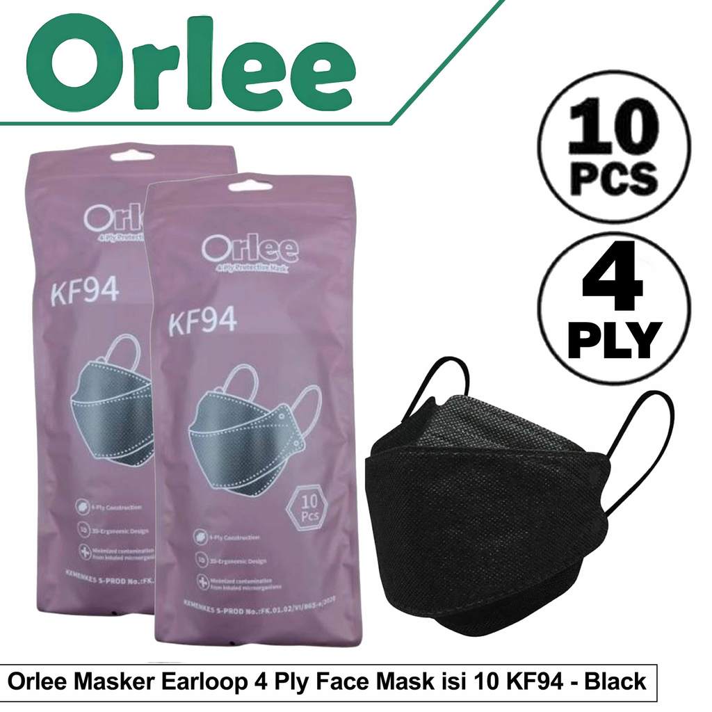 Orlee Masker Earloop 4 Ply Face Mask isi 10 KF94 - Black